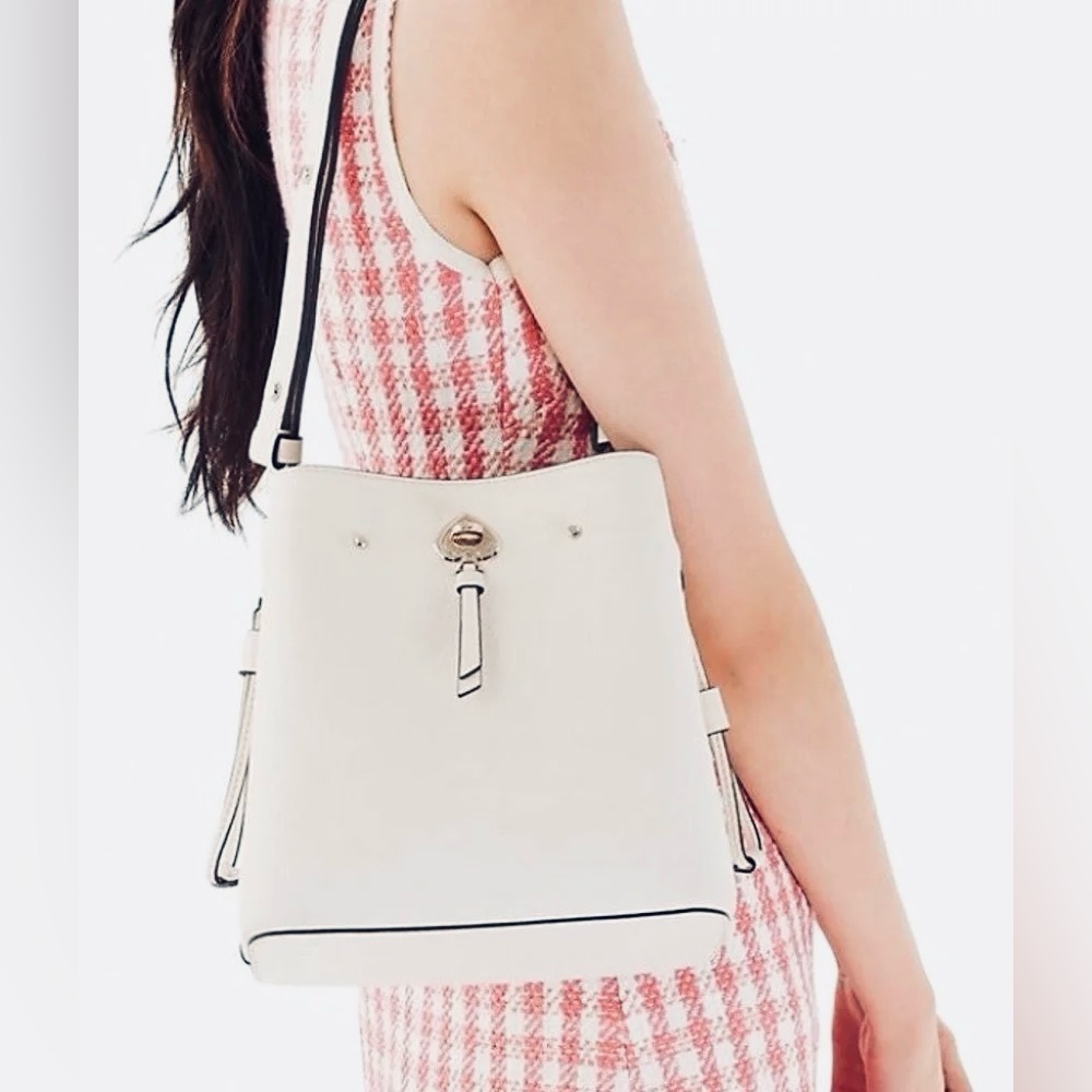 Kate Spade Marti Genuine Pebbled Leather Bucket Bag White Purse Silver Hardware